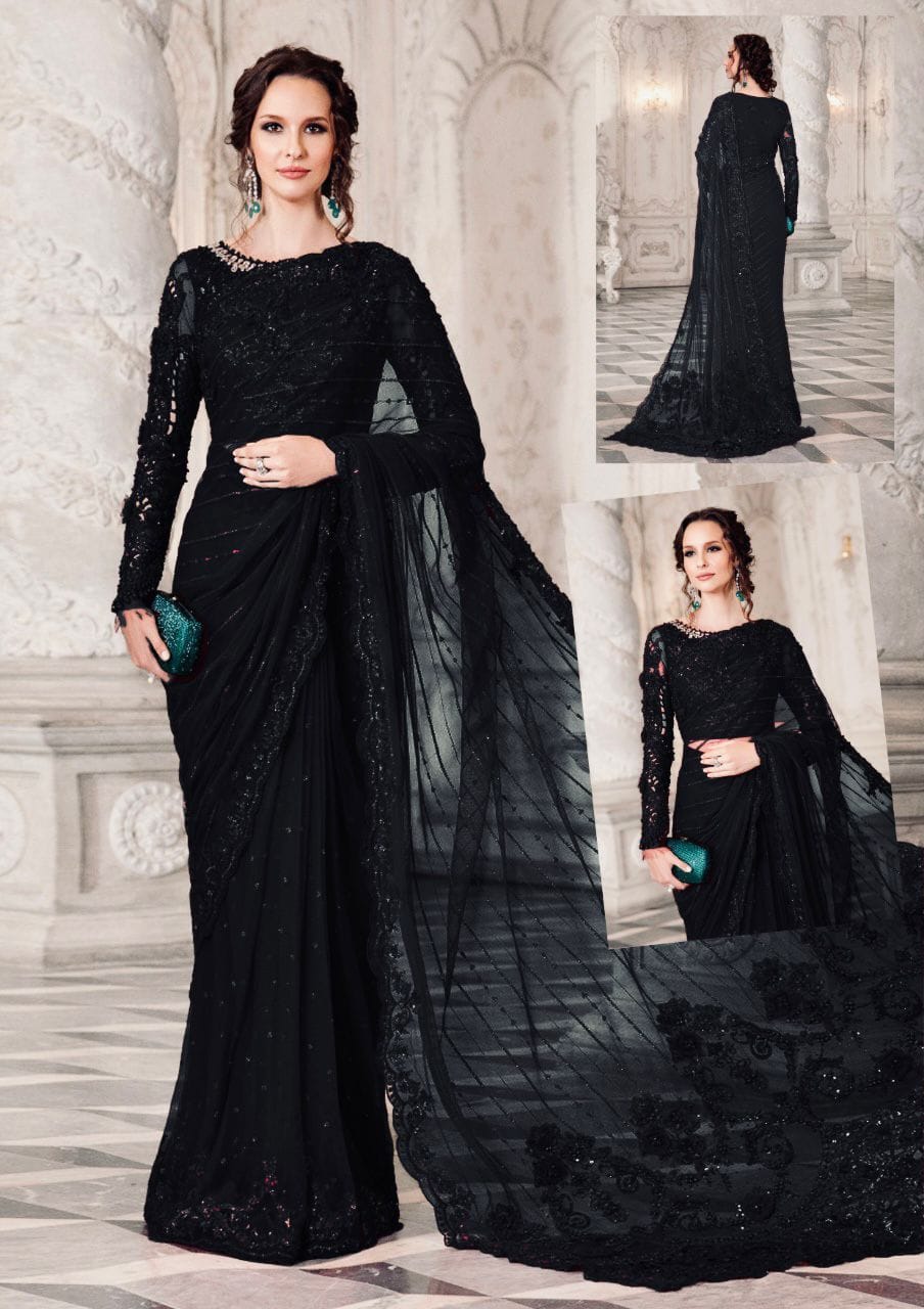 Maria B Black Saree Wedding Collection Net Fabric Unstitched