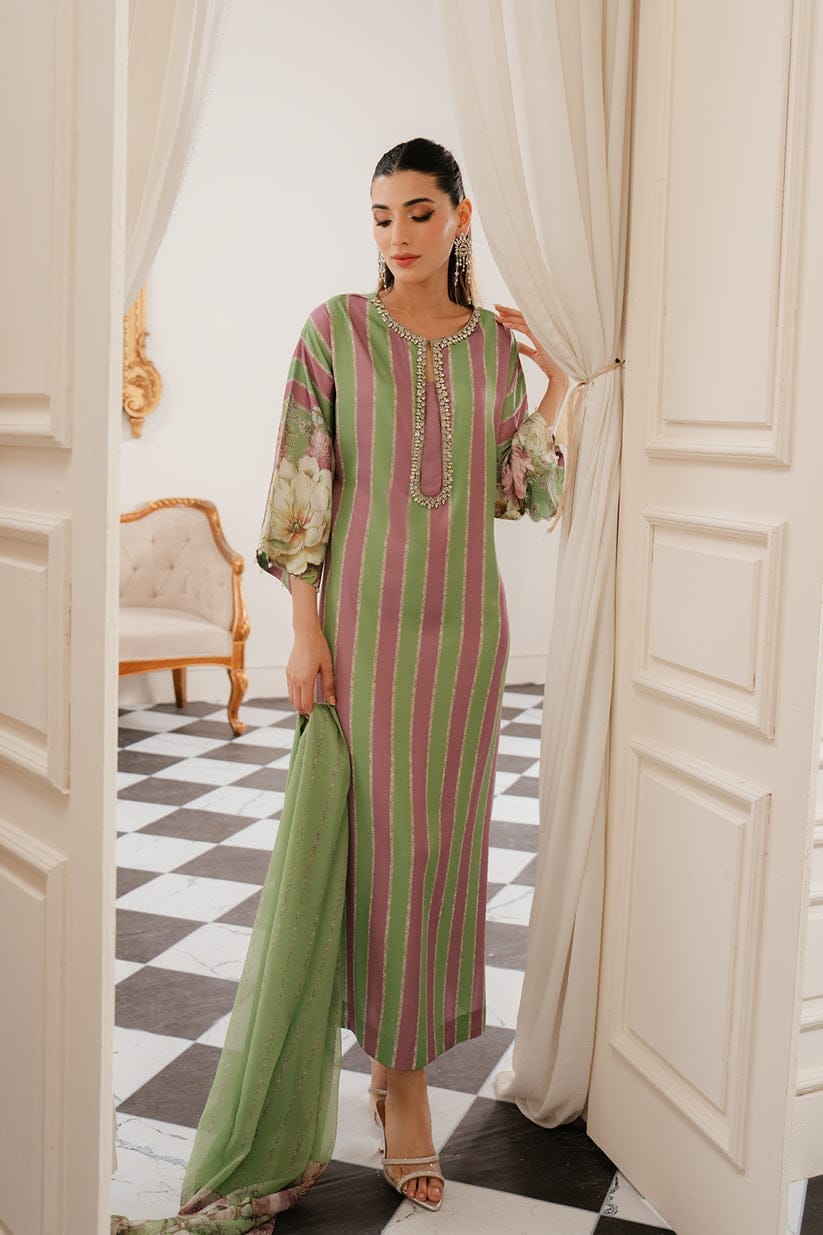 Lulusar Silk Digital Print Green Hand Work Dress Party Wear Collection