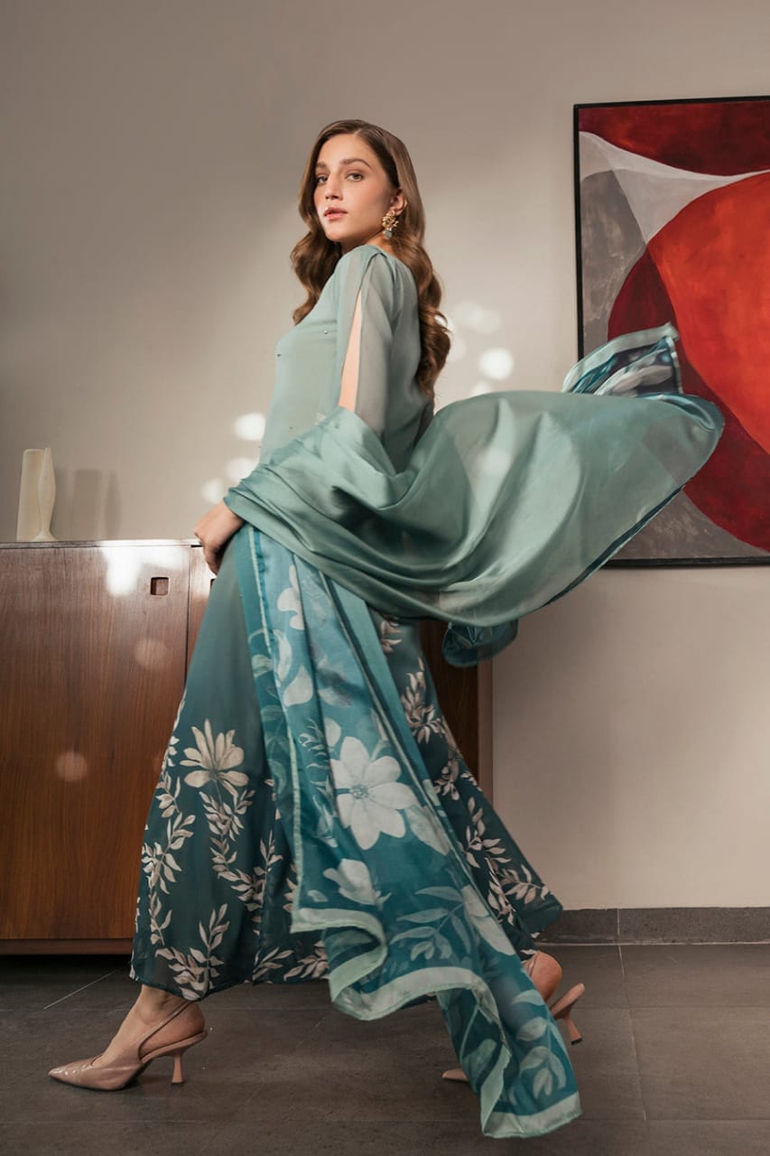 Lulusar Silk Digital Print Green Hand Work Dress Party Wear Collection