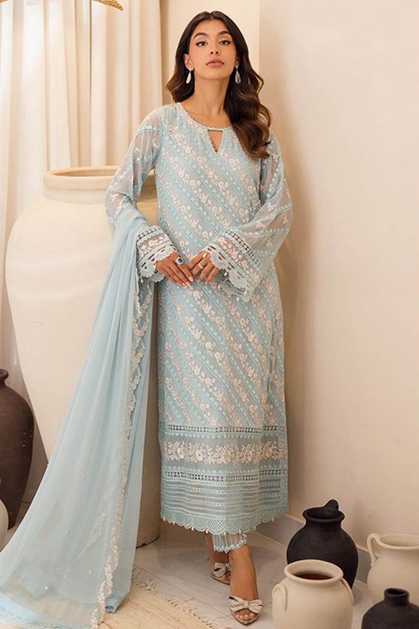 Azure Sky Blue Luxury Embroidery Chiffon Dress Formal Collection 3pc