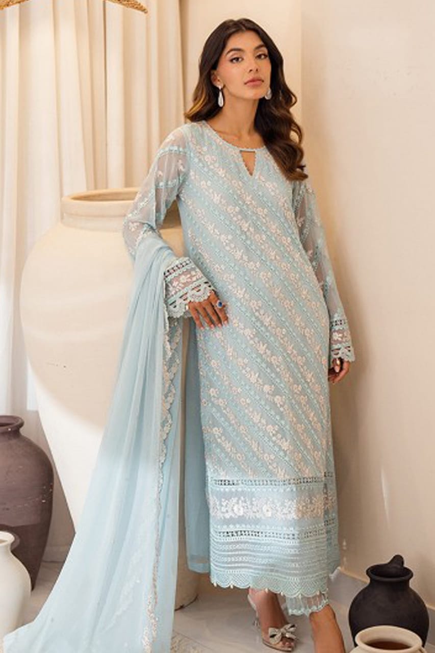 Azure Sky Blue Luxury Embroidery Chiffon Dress Formal Collection 3pc