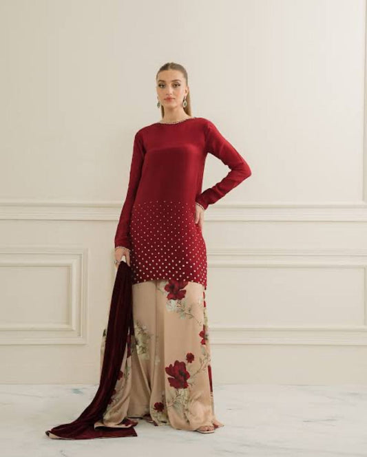 Lulusar Maroon & Skin Flower Silk Hand Work Party Wear Collection