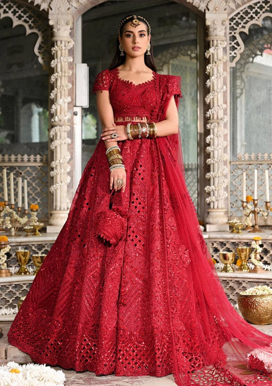 Qalamkar Red Wedding Collection Net Maxi Soft Hand Work