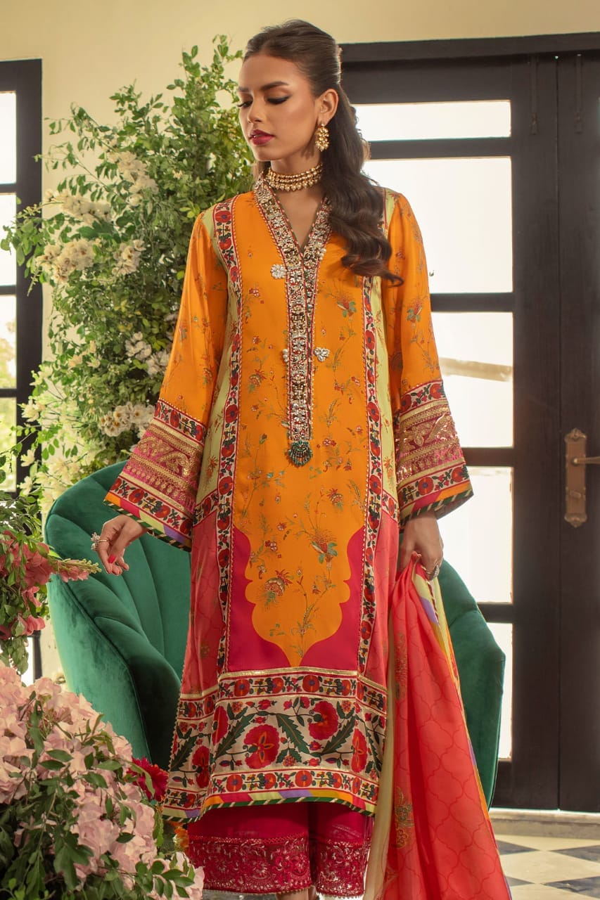 Anus Abrar Silk Multi Digital Hand Work Party Wear Collection 3pc