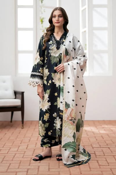 Baroque Swiss Lawn Black Embroidery New Arrival Full Suit Print Silk Duptta