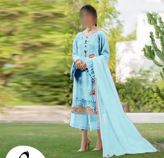 zarqash Sky Blue Cotton Lawn Embroidery dress chikankari 3pc