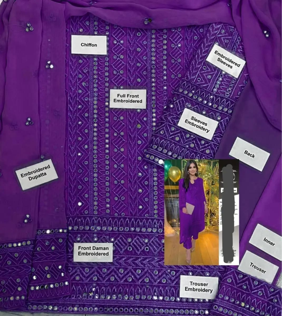 Designer Wear Purple Chiffon Embroidery Dress 3pc