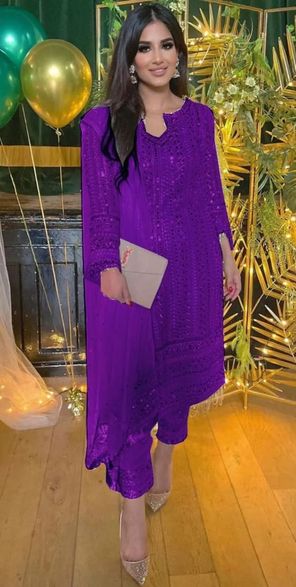 Designer Wear Purple Chiffon Embroidery Dress 3pc