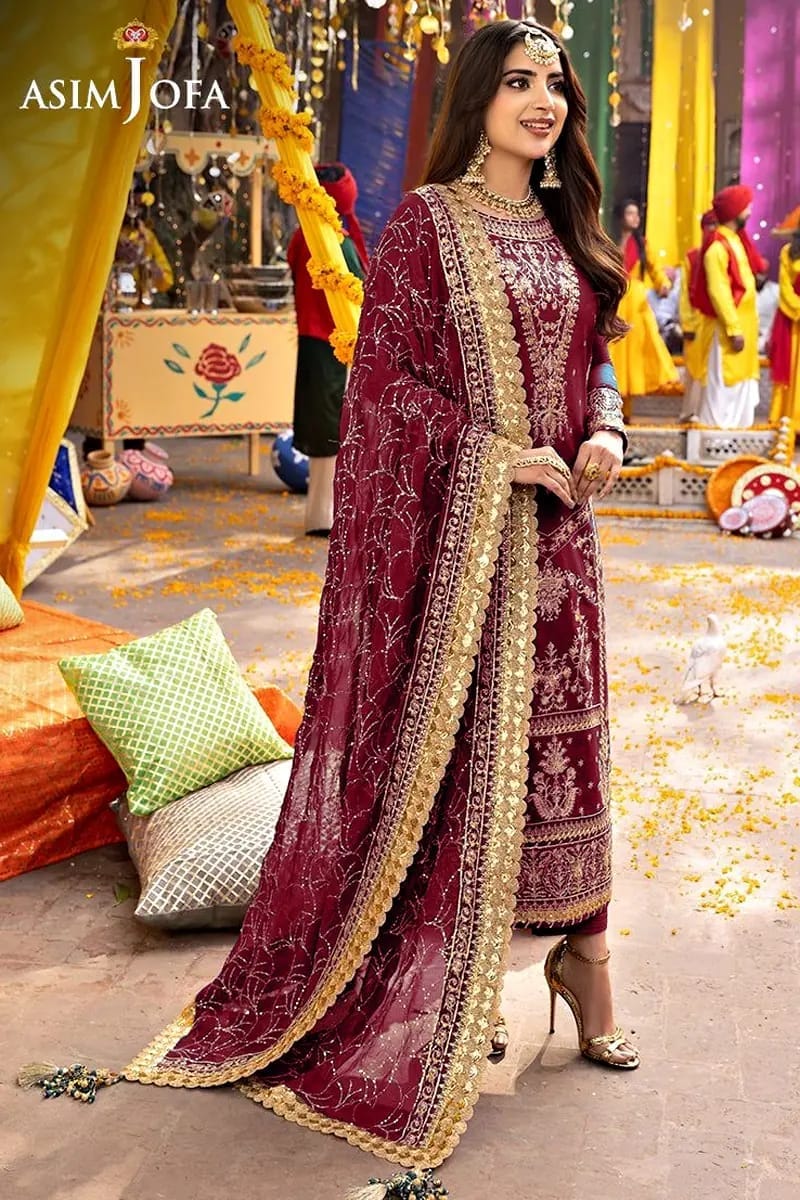 Asim Jofa Maroon Chiffon Formal Collection Embroidery Dress 3pc