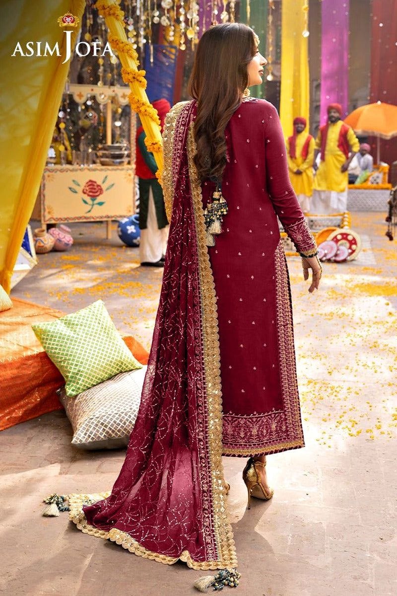 Asim Jofa Maroon Chiffon Formal Collection Embroidery Dress 3pc