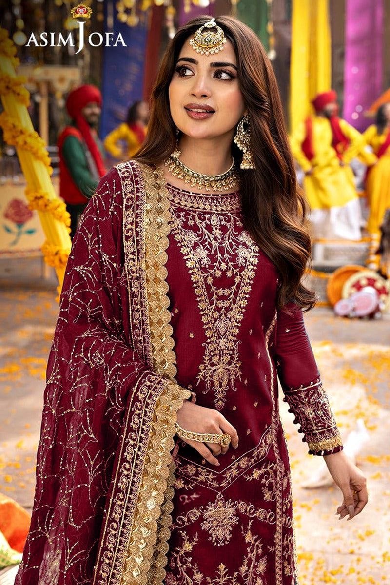 Asim Jofa Maroon Chiffon Formal Collection Embroidery Dress 3pc