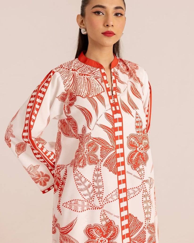 Lulusar Silk Digital Printed White & Brown 3PC Unstitched Dress