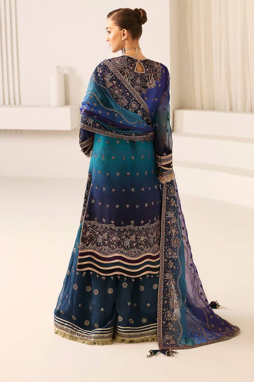 Alizeh Blue Hand Work Wedding Collection 3pc Unstitched Dress Organza