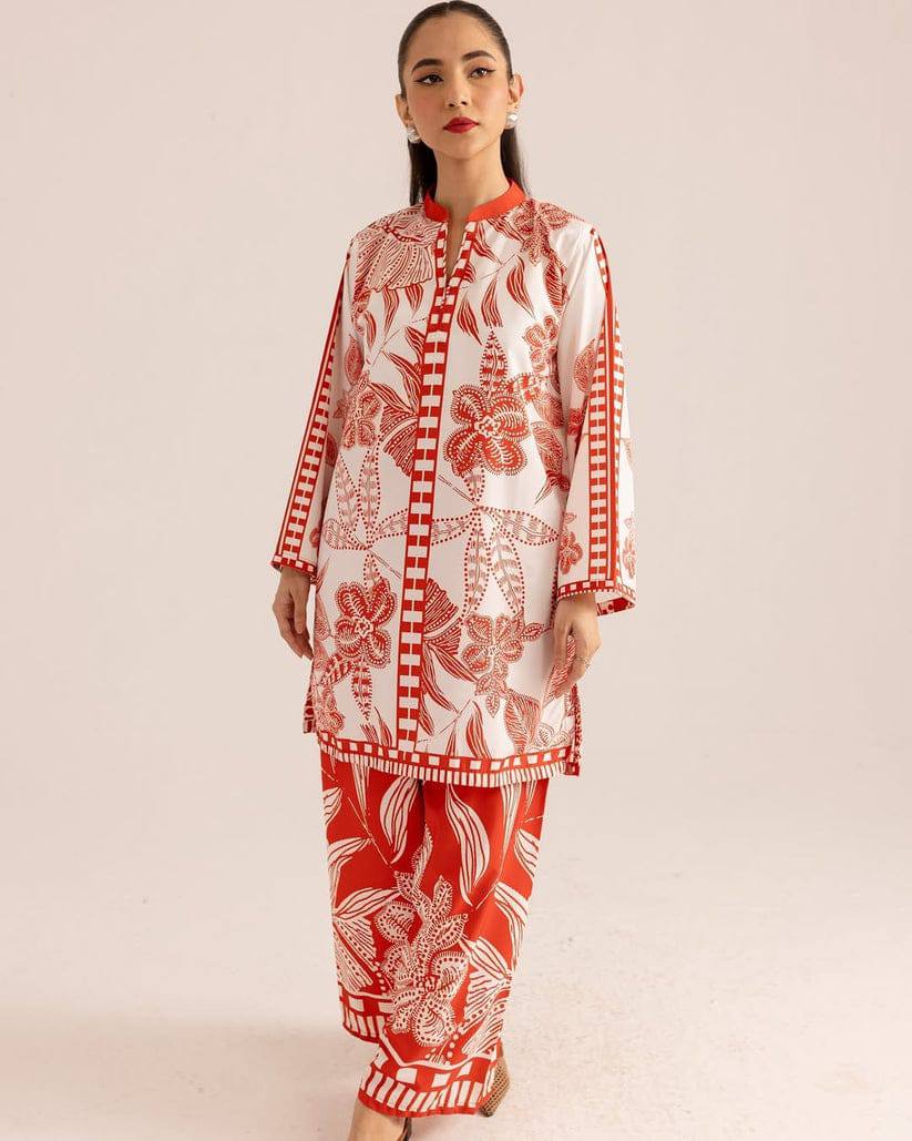 Lulusar Silk Digital Printed White & Brown 3PC Unstitched Dress