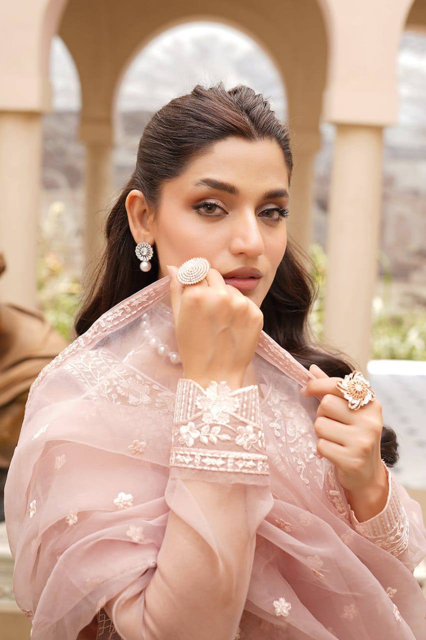 Maryams Peach Organza Hand Work Dress Formal Collection 3pc Unstitched