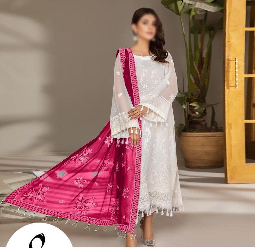 Baroque white & Pink Organza Dress Formal Collection 3pc Unstitched