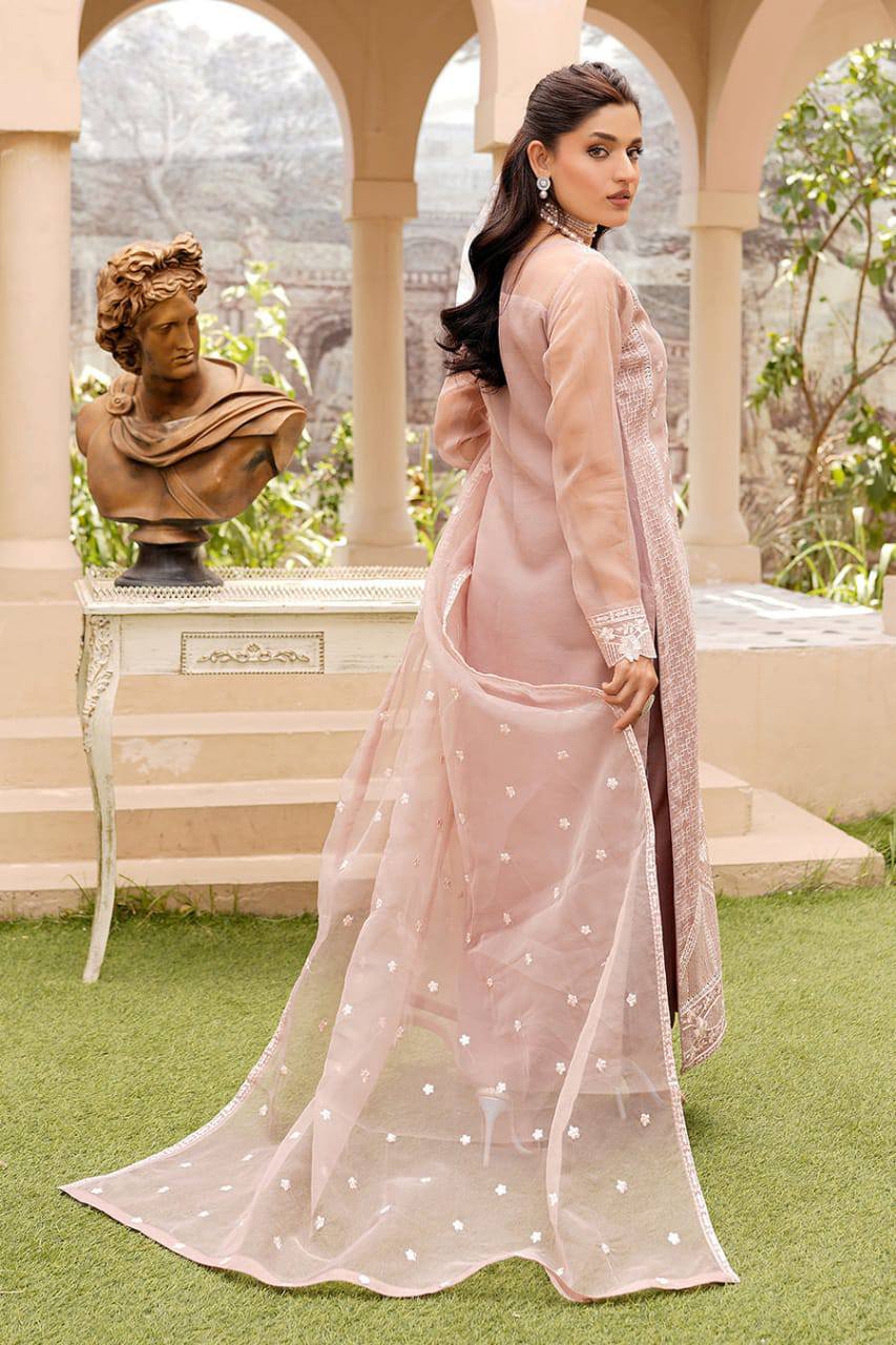 Maryams Peach Organza Hand Work Dress Formal Collection 3pc Unstitched