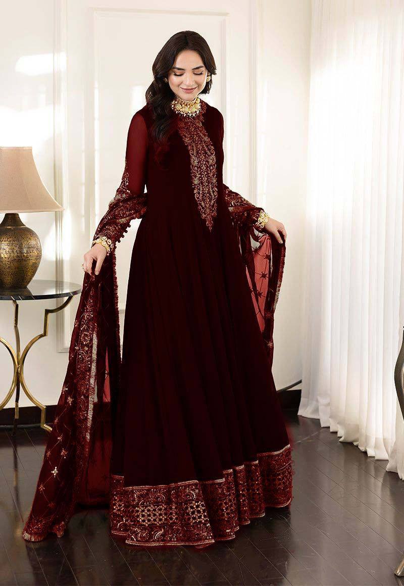 Asim Jofa Maroon Chiffon Maxi Dress Formal Collection 3pc Unstitched