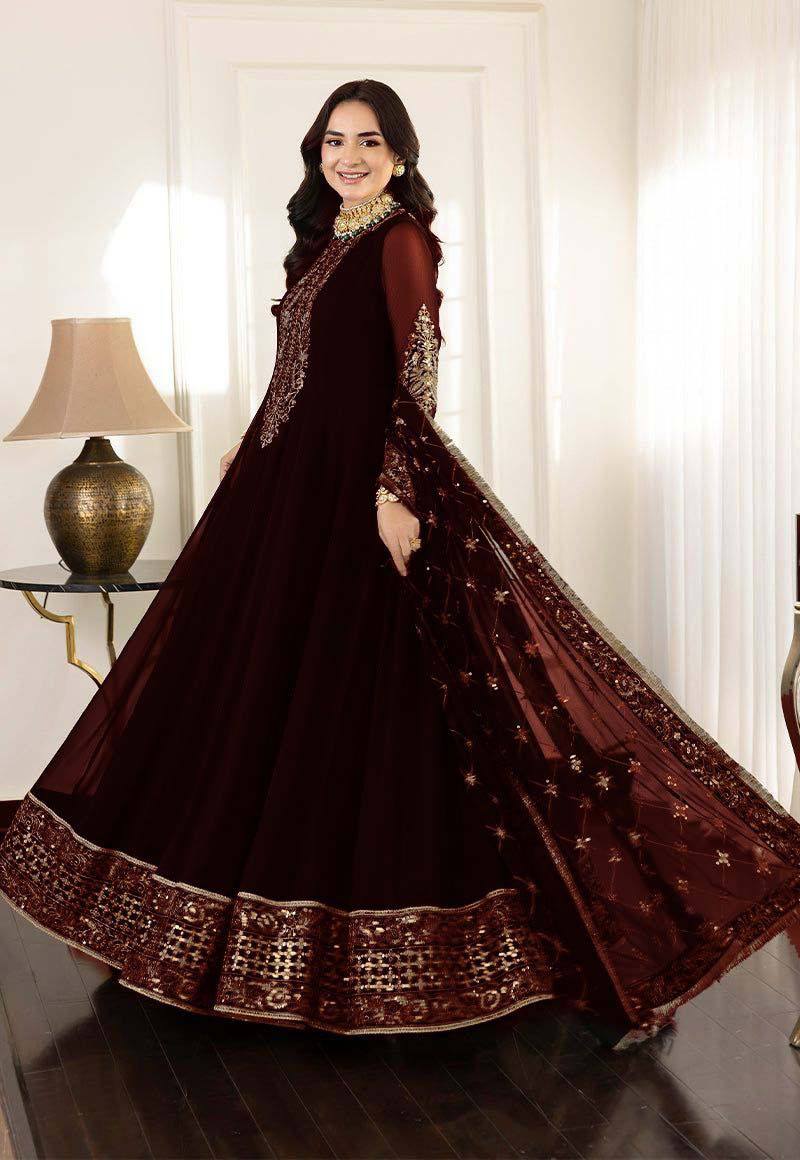 Asim Jofa Maroon Chiffon Maxi Dress Formal Collection 3pc Unstitched