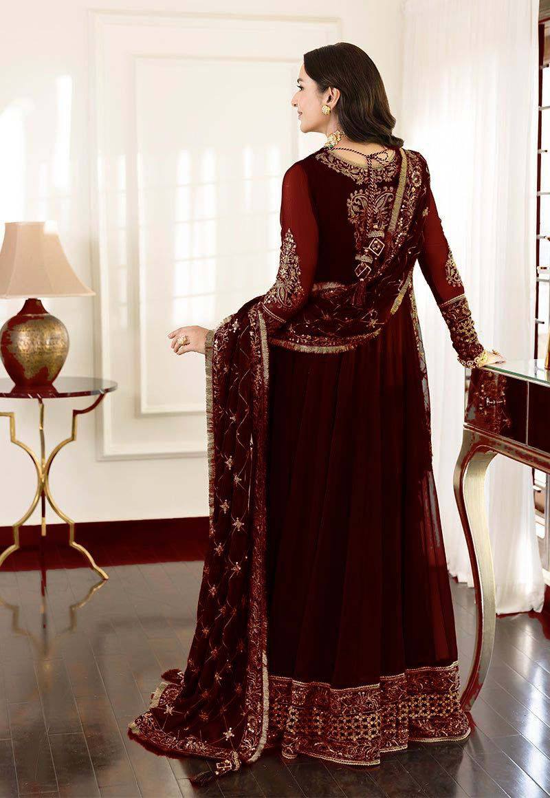 Asim Jofa Maroon Chiffon Maxi Dress Formal Collection 3pc Unstitched