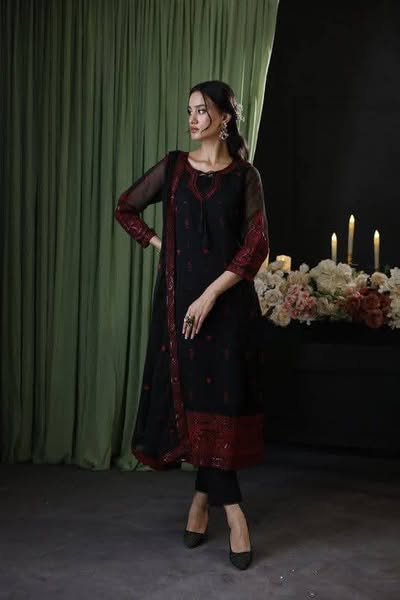 A.J Black Chiffon Formal Embroidery Collection 3pc Unstitched Dress