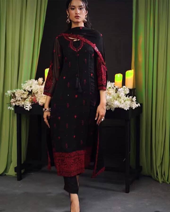 A.J Black Chiffon Formal Embroidery Collection 3pc Unstitched Dress