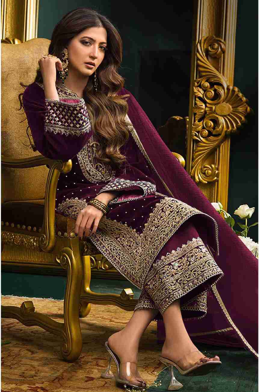 A.J Maroon Chiffon Formal Collection Embroidery Dress 3pc