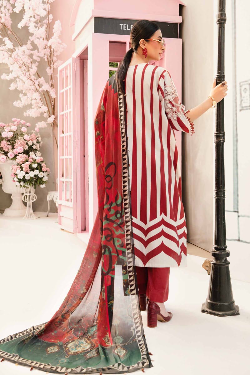 M.B Red & White Stripes New Arrival Lawn Emb 3pc Unstitched