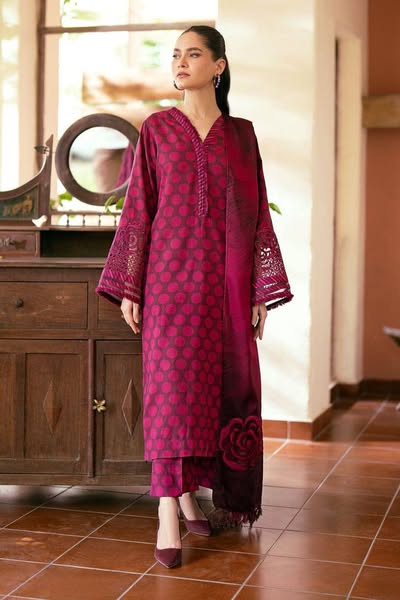 Baroque Maroon & Pink Lawn Printed Embroidery 3pc Unstitched