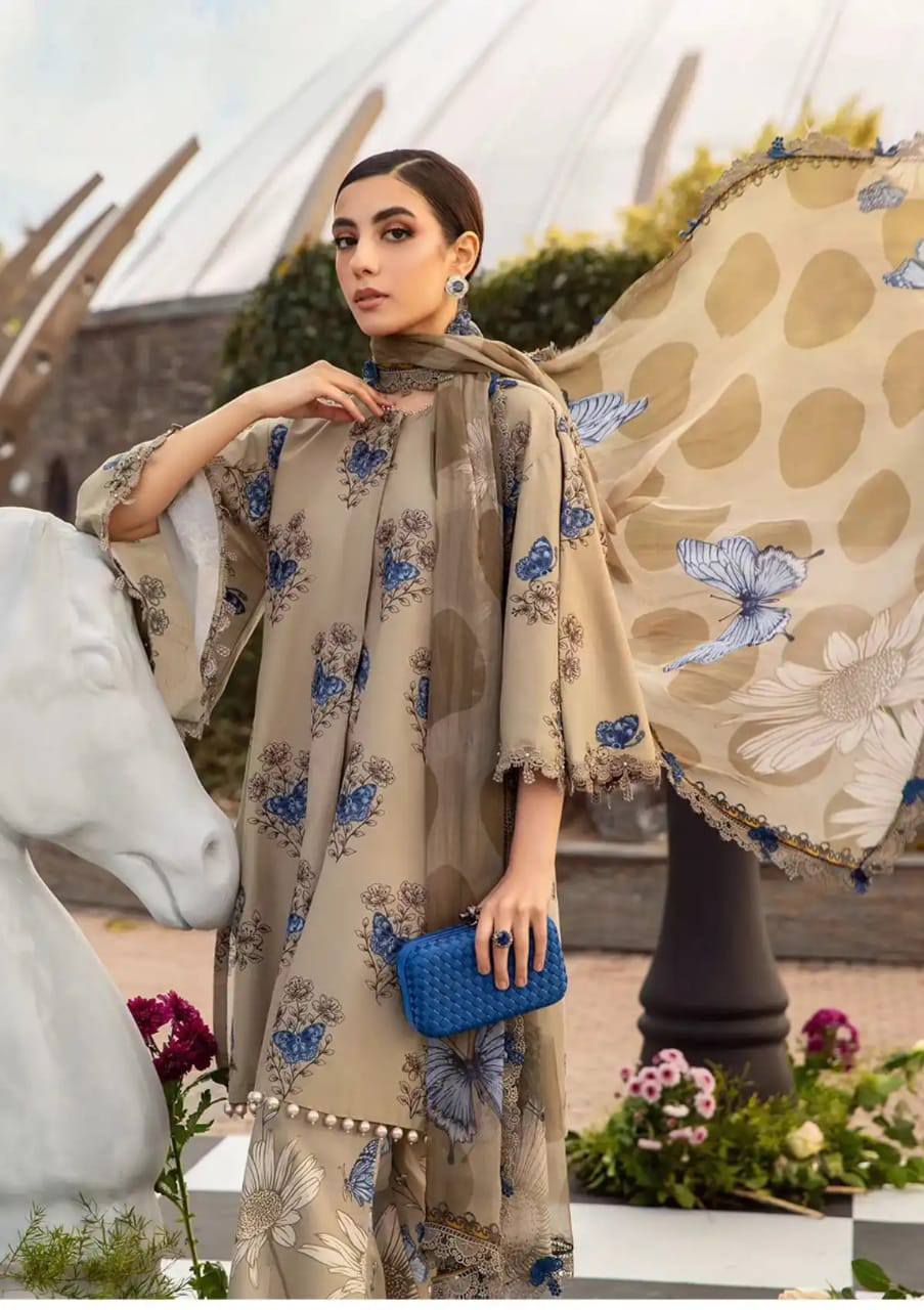 M.B Skin Green Lawn Embroidery Printed 3pc Unstitched