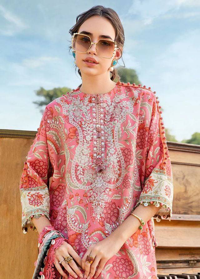 M.B Pink printed Lawn Embroidery Duptta 3pc Unstitched Dress