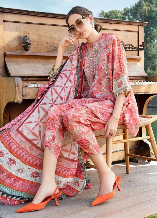 M.B Pink printed Lawn Embroidery Duptta 3pc Unstitched Dress