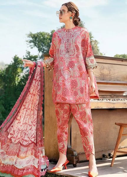 M.B Pink printed Lawn Embroidery Duptta 3pc Unstitched Dress