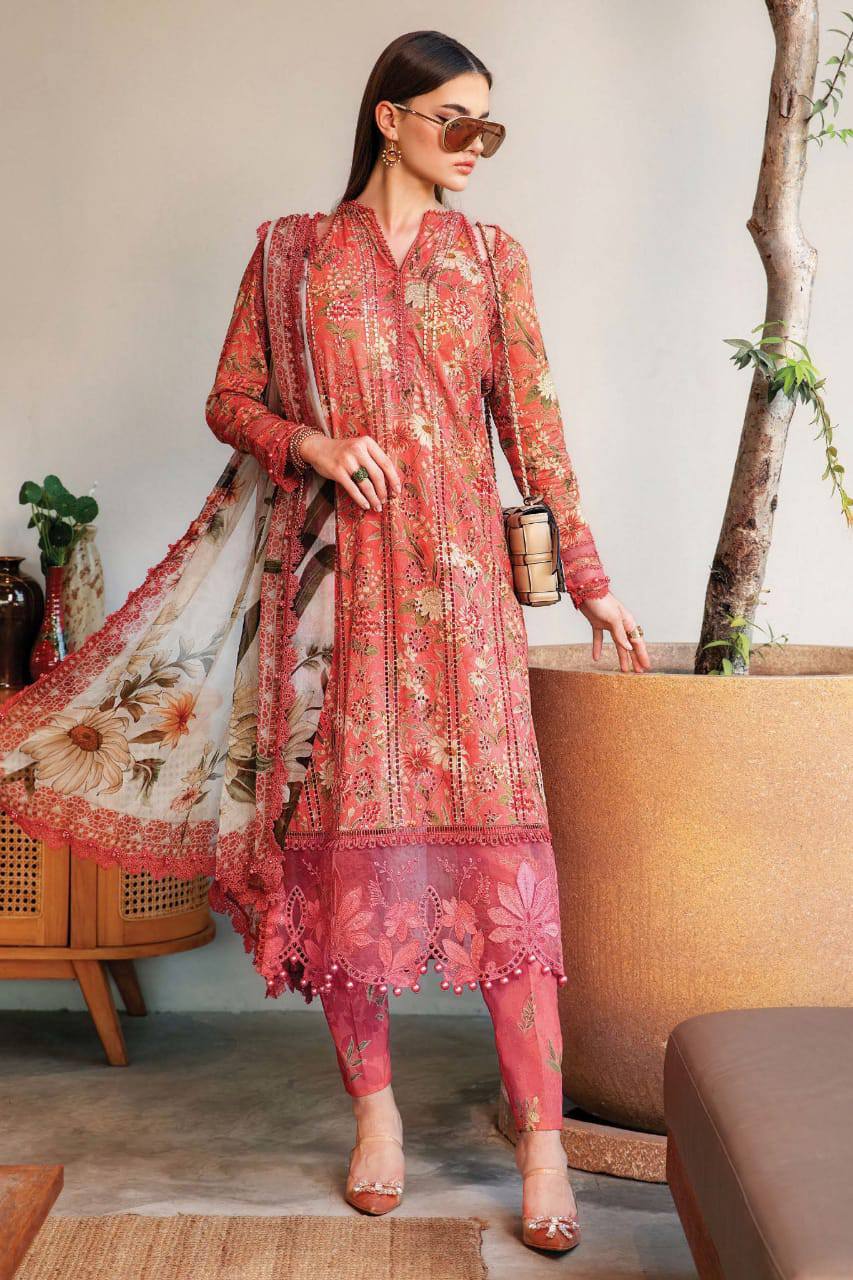 M.B Pink Lawn Chikankari 3pc Unstitched Dress