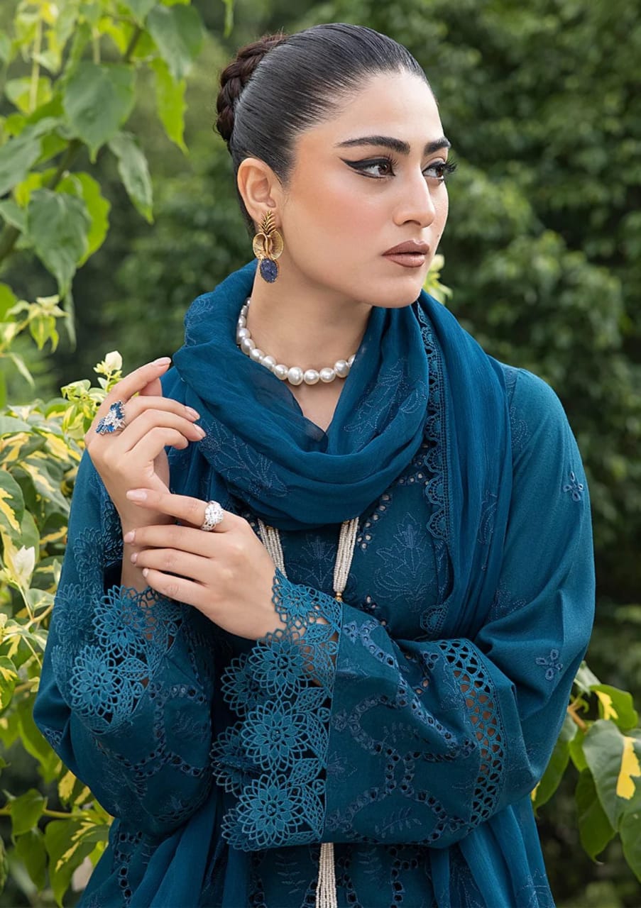 Mahnoor Zink Blue Lawn Chikankari Dress 3pc Unstitched