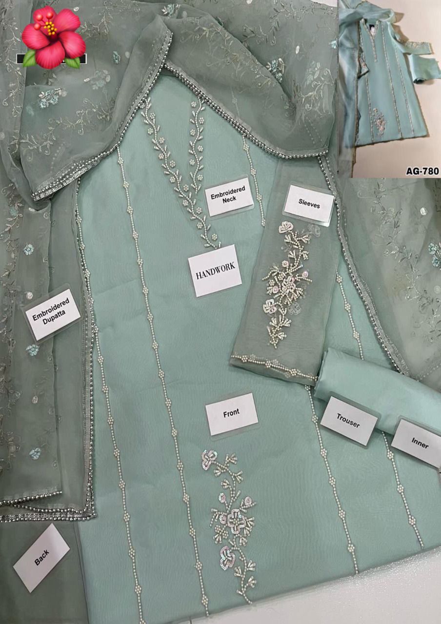 Agha Noor Green organza Dress Party Wear Collection 3 piece Unstitched