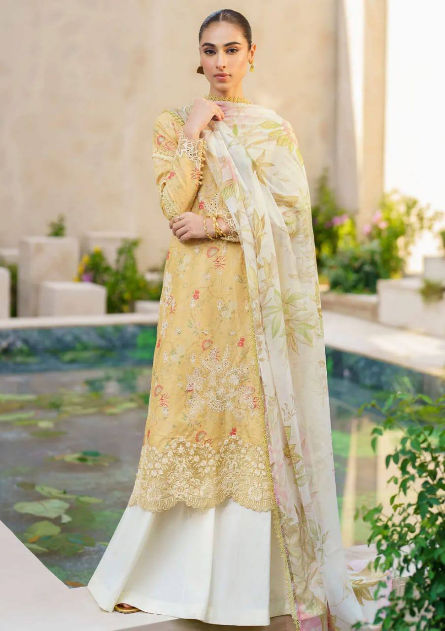 Iznik Lemon Pure Lawn Chikankari Embroidery Dress 3pc Unstitched