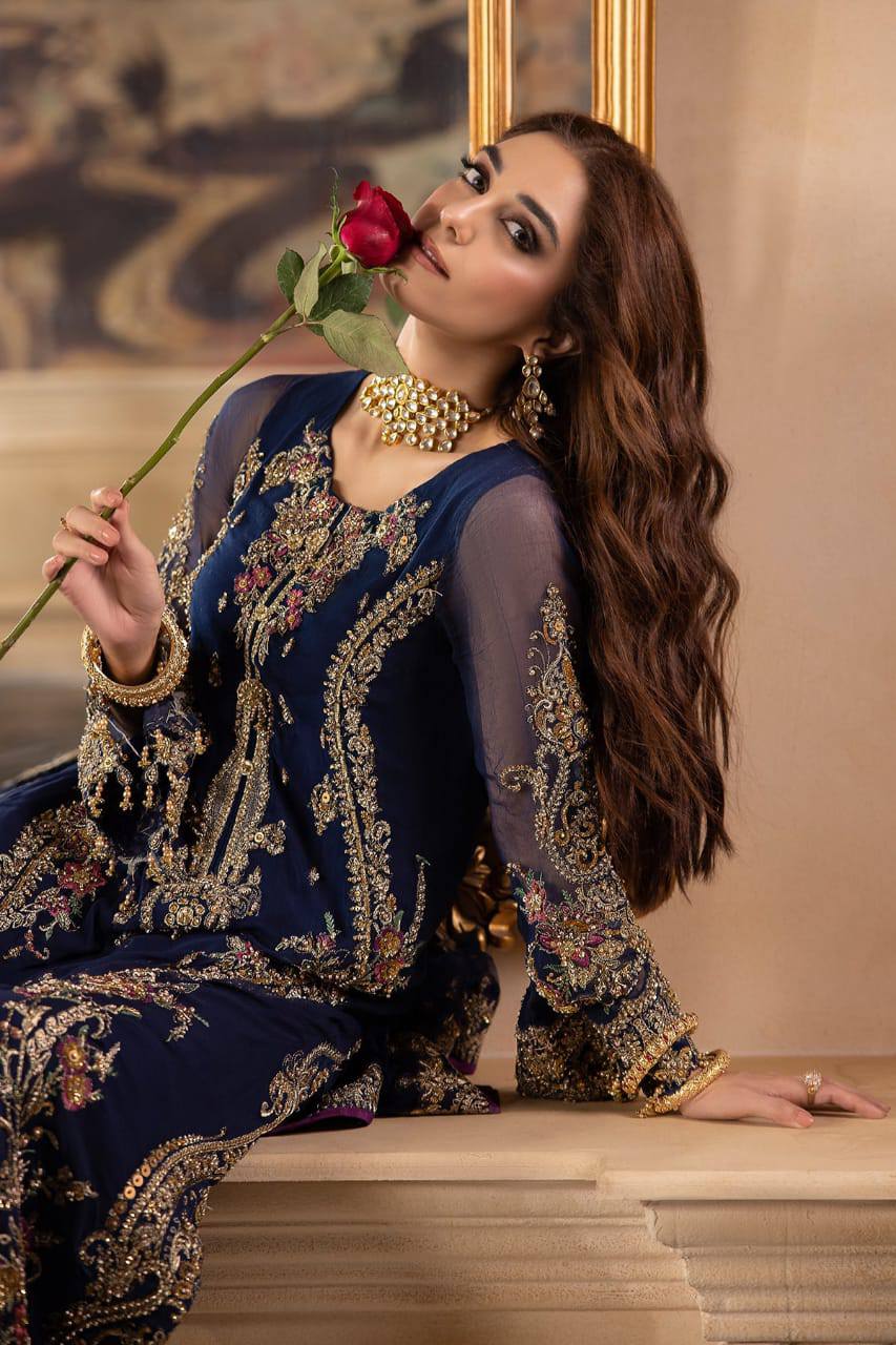 Charizma Blue Chiffon Hand Work Formal Collection 3pc Unstitched