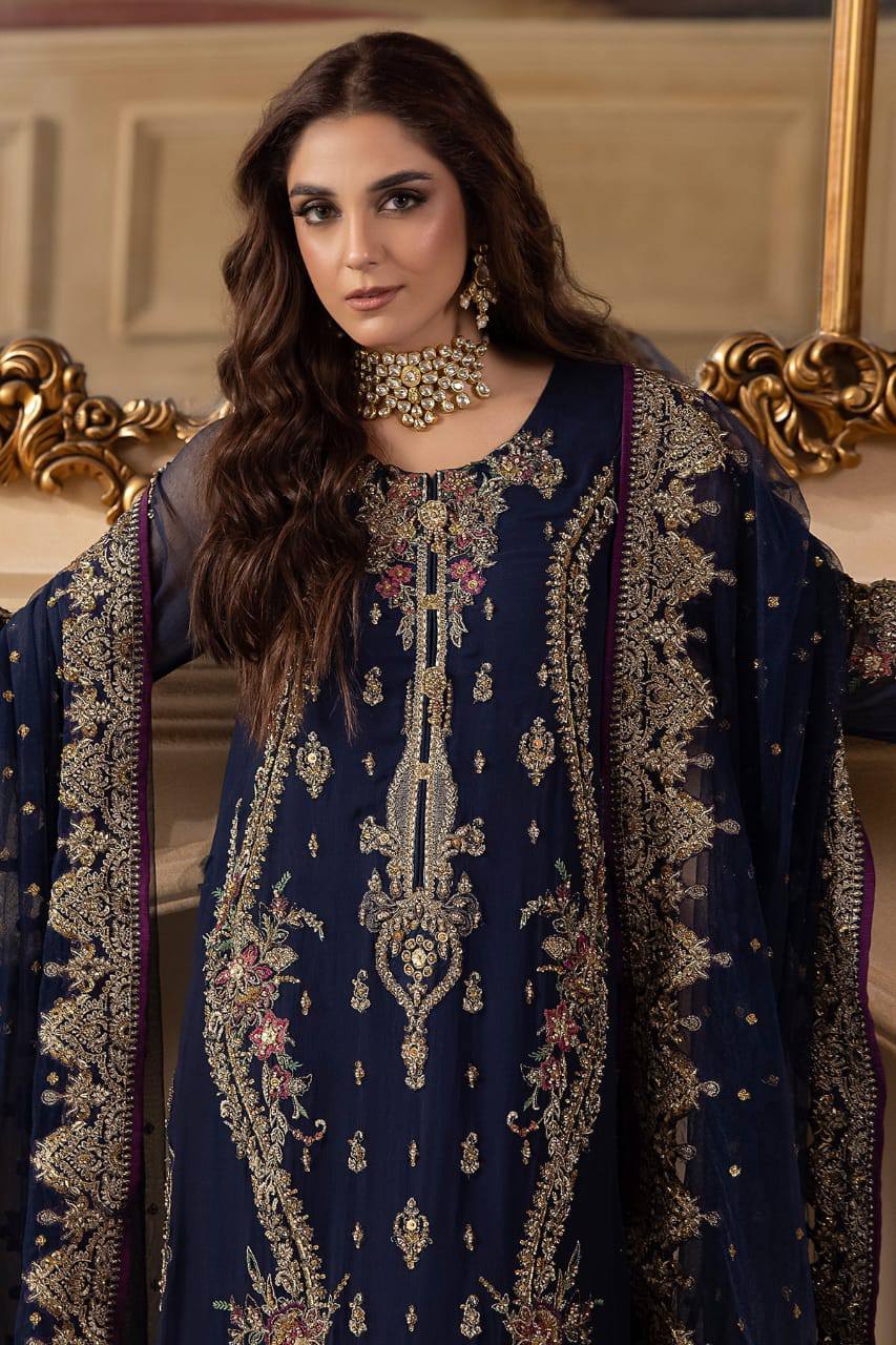 Charizma Blue Chiffon Hand Work Formal Collection 3pc Unstitched