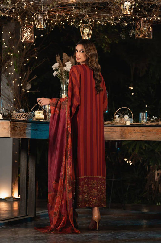 Lulusar Silk Digital Printed Rust 3PC Unstitched Dress