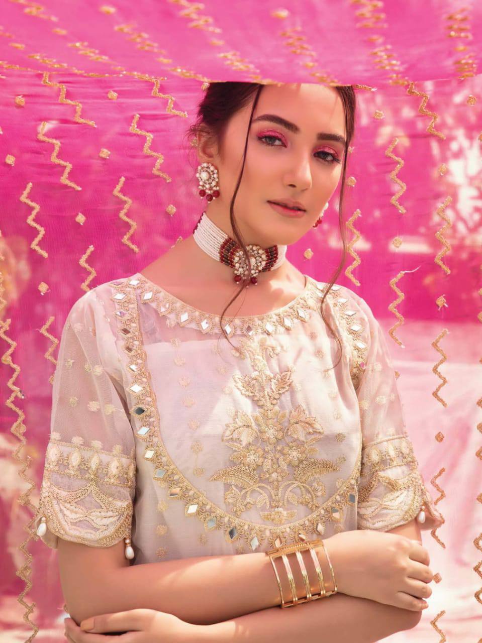 Imrozia White Pink Chiffon Dress Formal Collection 3pc Unstitched