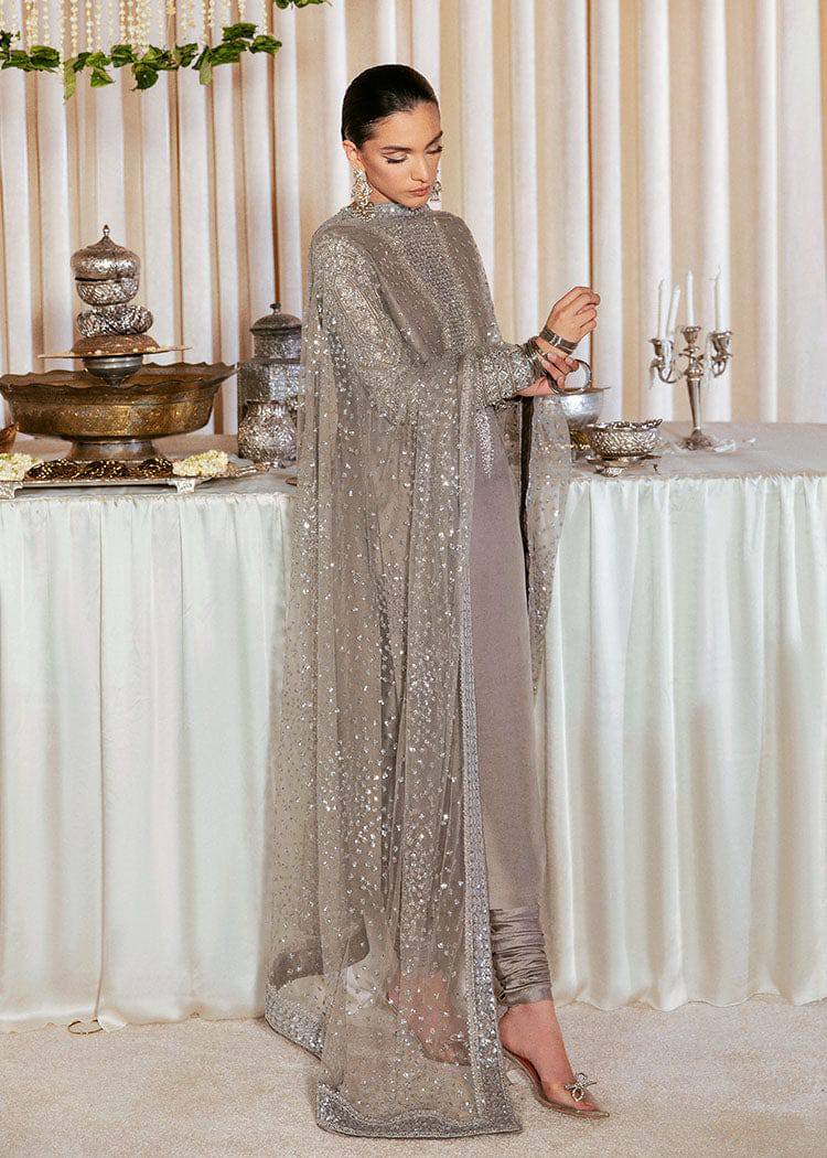 Hussain Rehar Grey silver Raw Silk Formal Dress 3pc Unstitched