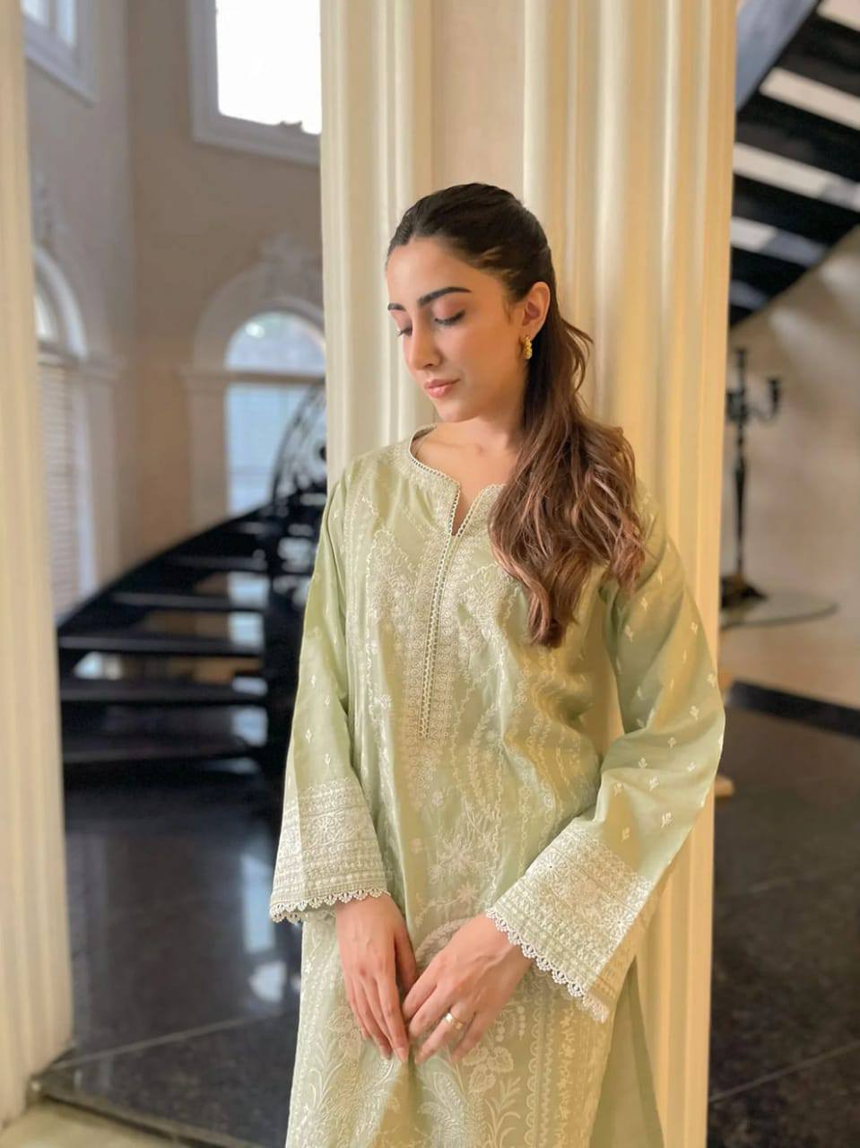 Faiza Saqlain Green Lawn Chikankari Embroidery Dress Unstitched