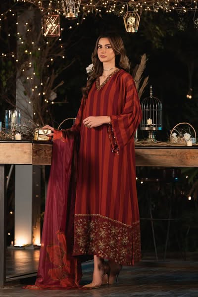 Lulusar Silk Digital Printed Rust 3PC Unstitched Dress