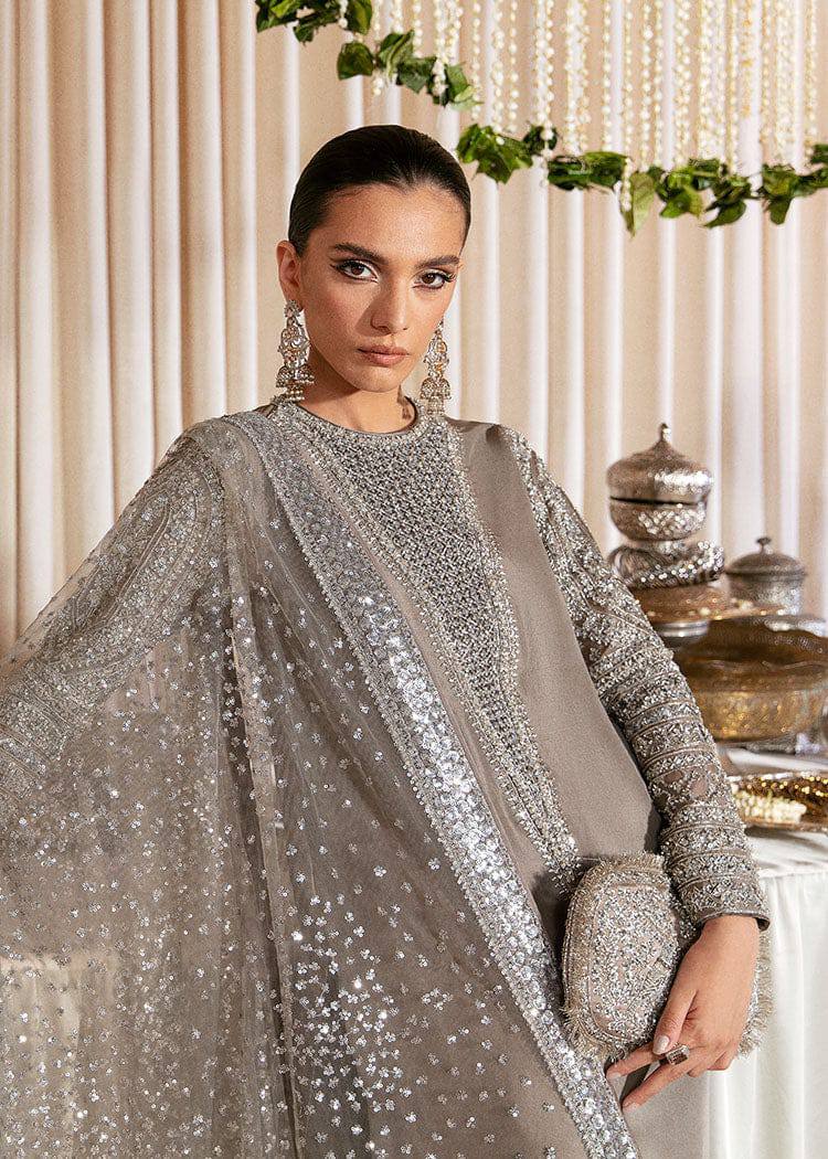 Hussain Rehar Grey silver Raw Silk Formal Dress 3pc Unstitched