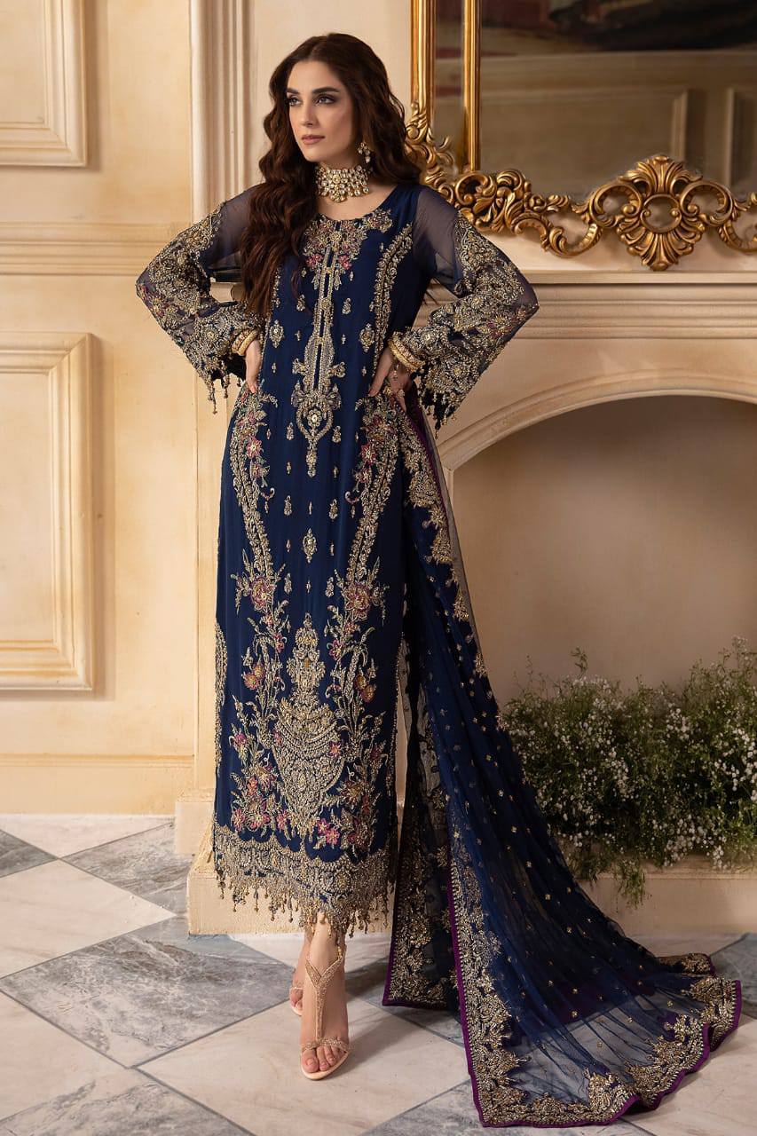 Charizma Blue Chiffon Hand Work Formal Collection 3pc Unstitched