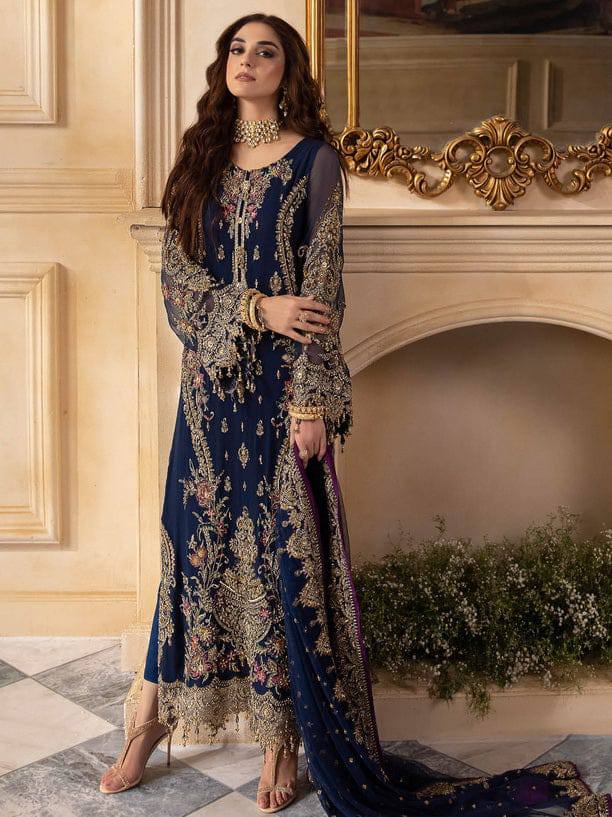Charizma Blue Chiffon Hand Work Formal Collection 3pc Unstitched