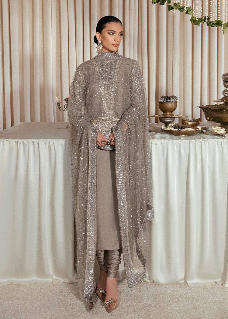 Hussain Rehar Grey silver Raw Silk Formal Dress 3pc Unstitched