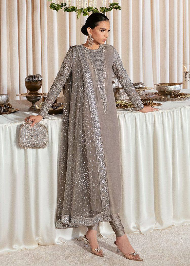 Hussain Rehar Grey silver Raw Silk Formal Dress 3pc Unstitched