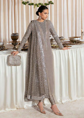 Hussain Rehar Grey silver Raw Silk Formal Dress 3pc Unstitched